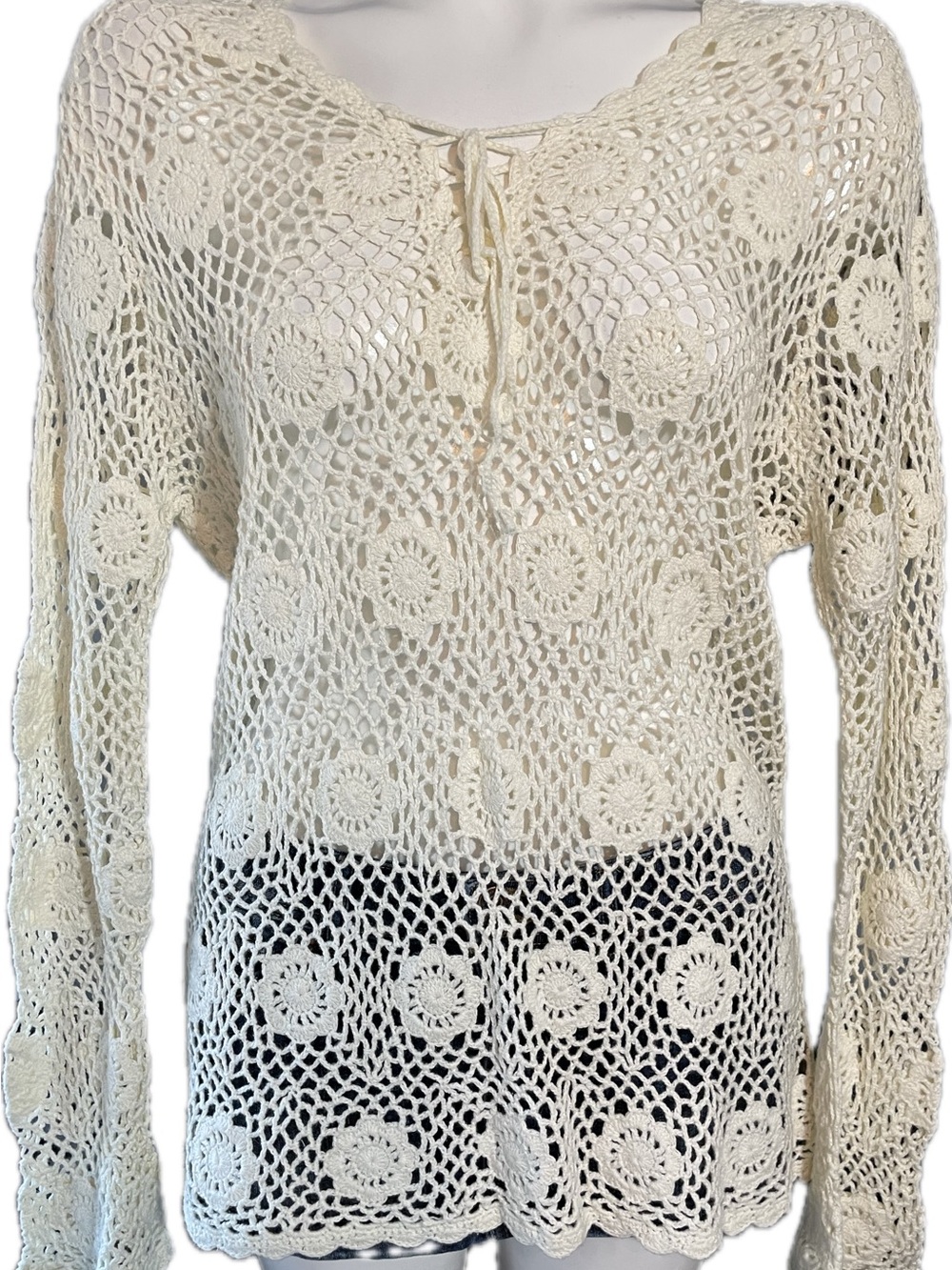 Diagonal Cream Crochet Swim Cover-Up with Tie Neck